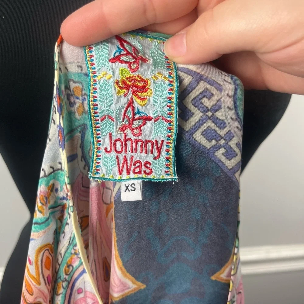 Johnny Was multi color tunic sheer tie blouse size XS